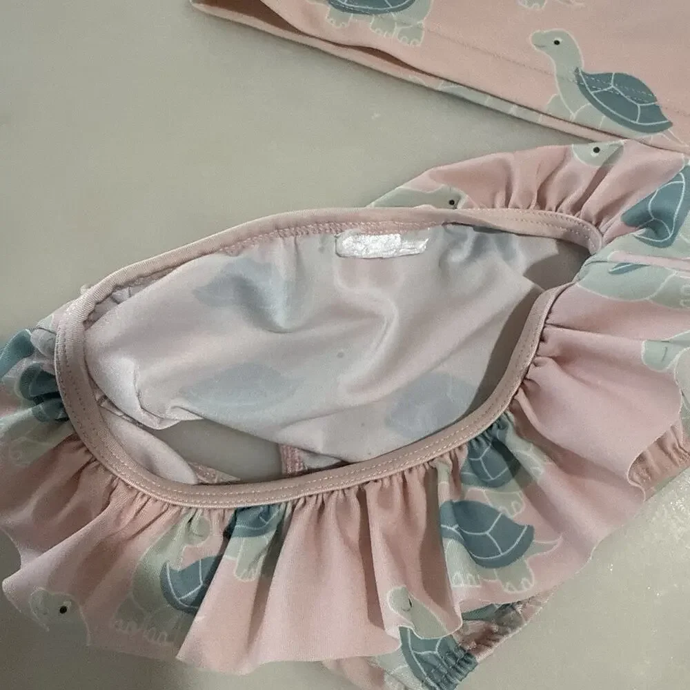 H&M Girls 2T Bathing Suit Long Sleeve Rash Guard Swim Set 2 Piece Pink Turtle